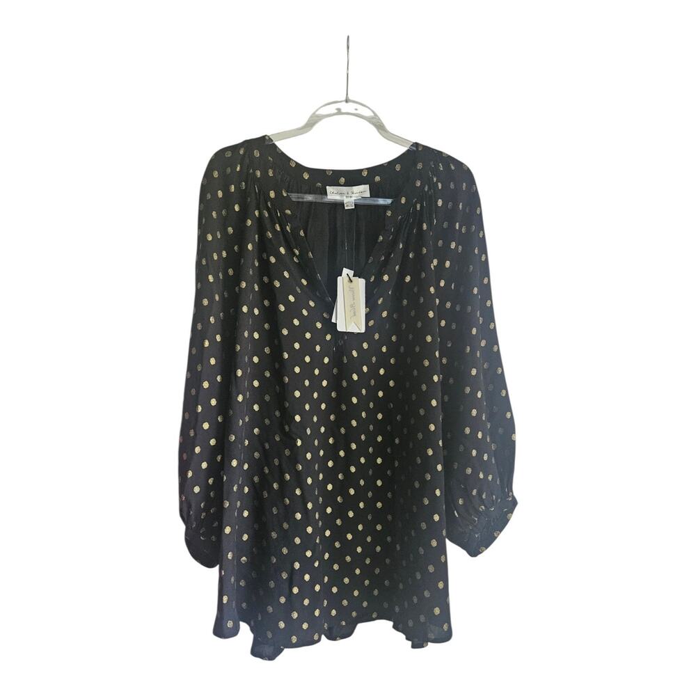 NWT Chelsea & Theodore Womens 3X Blouse Black Gold Polka Dot Split Neck Pullover